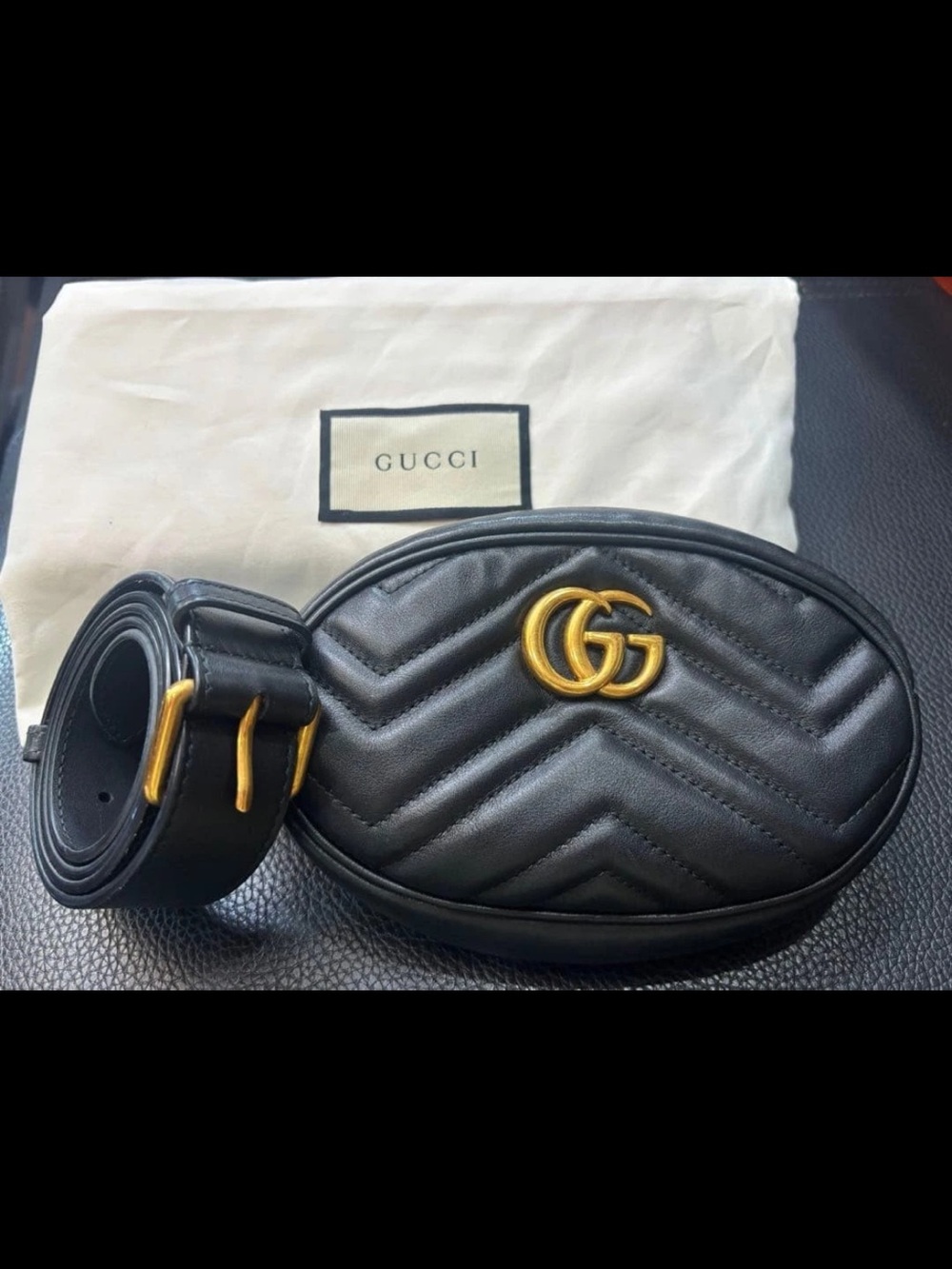Gucci Black Chevron Quilted Leather Belt Bag with Gold GG